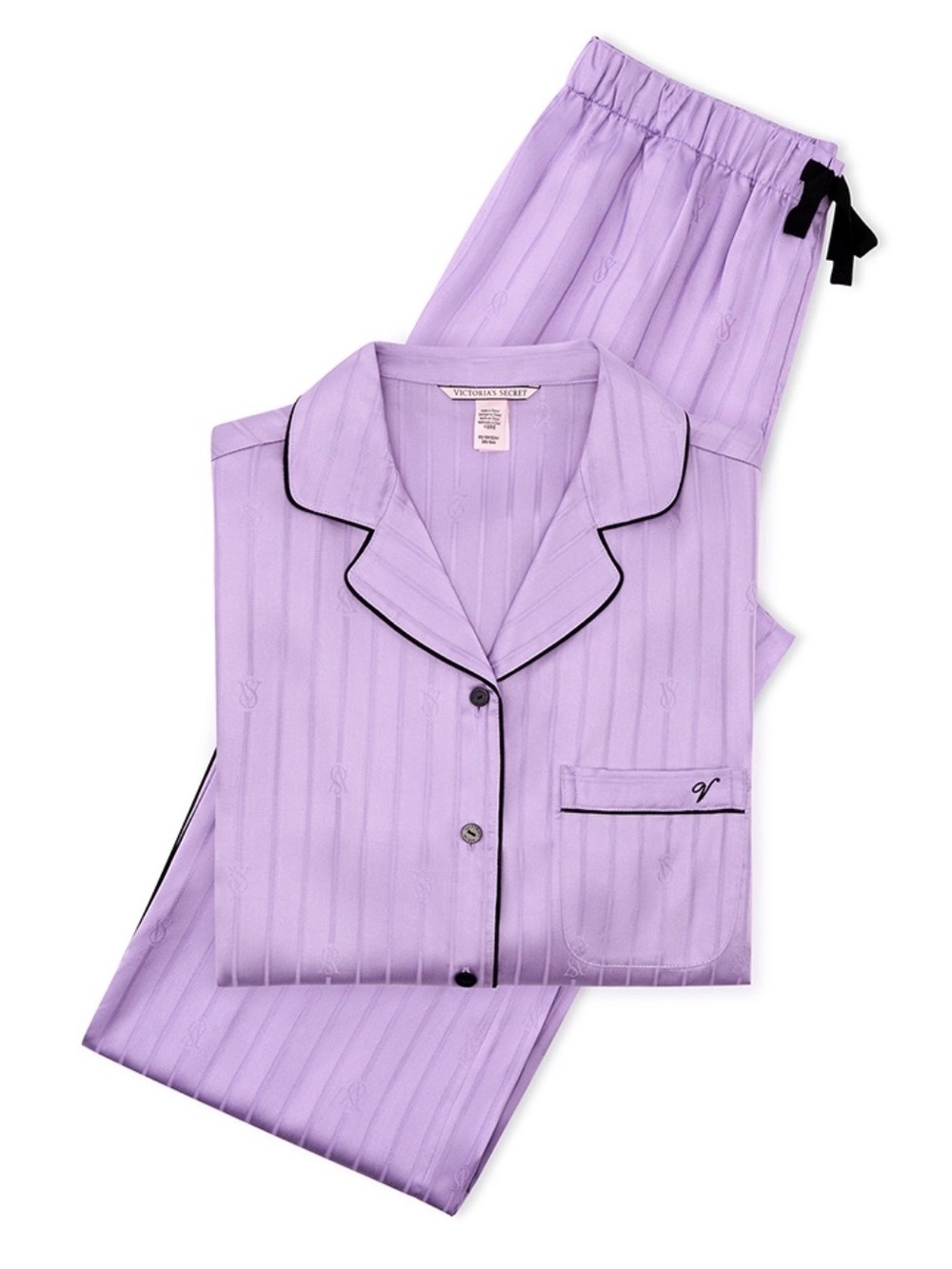 Victoria's Secret Lilac Satin Pajama Set with Black Trim